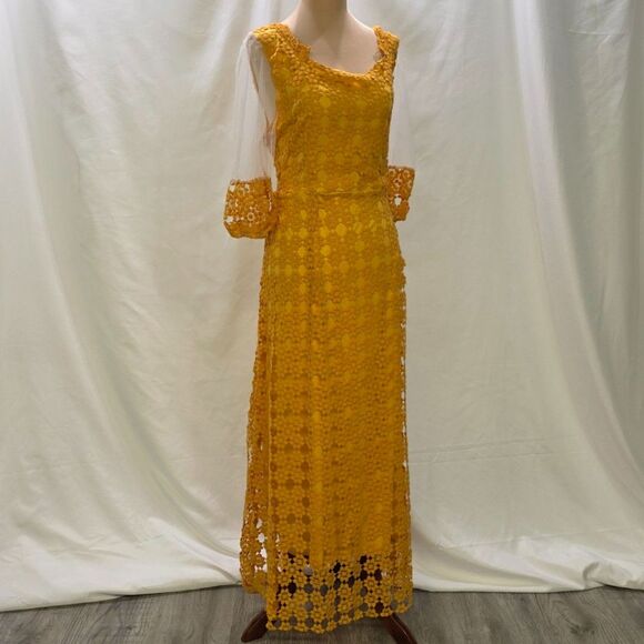 Golden Hour Glam: New Mustard Crochet Maxi Dress – Sheer Elegance! Size Large - Picture 4 of 10